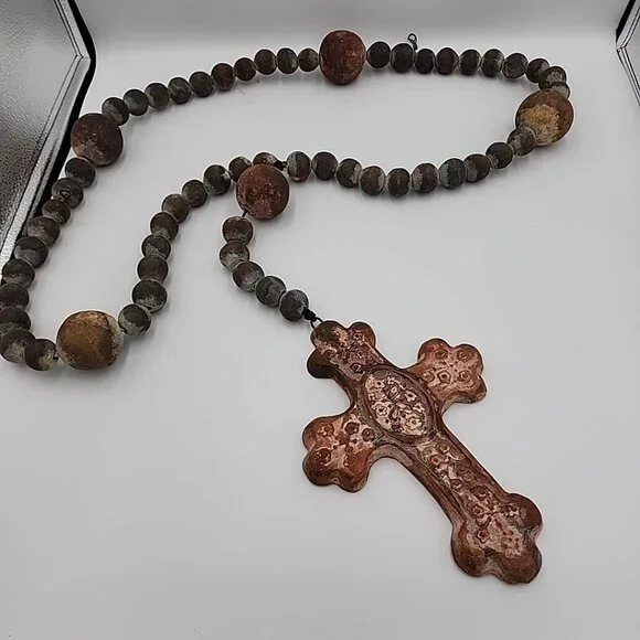 Very Large Old Rosary, Souvenir de Liesse Pottery Stoneware Heavy 56 Length